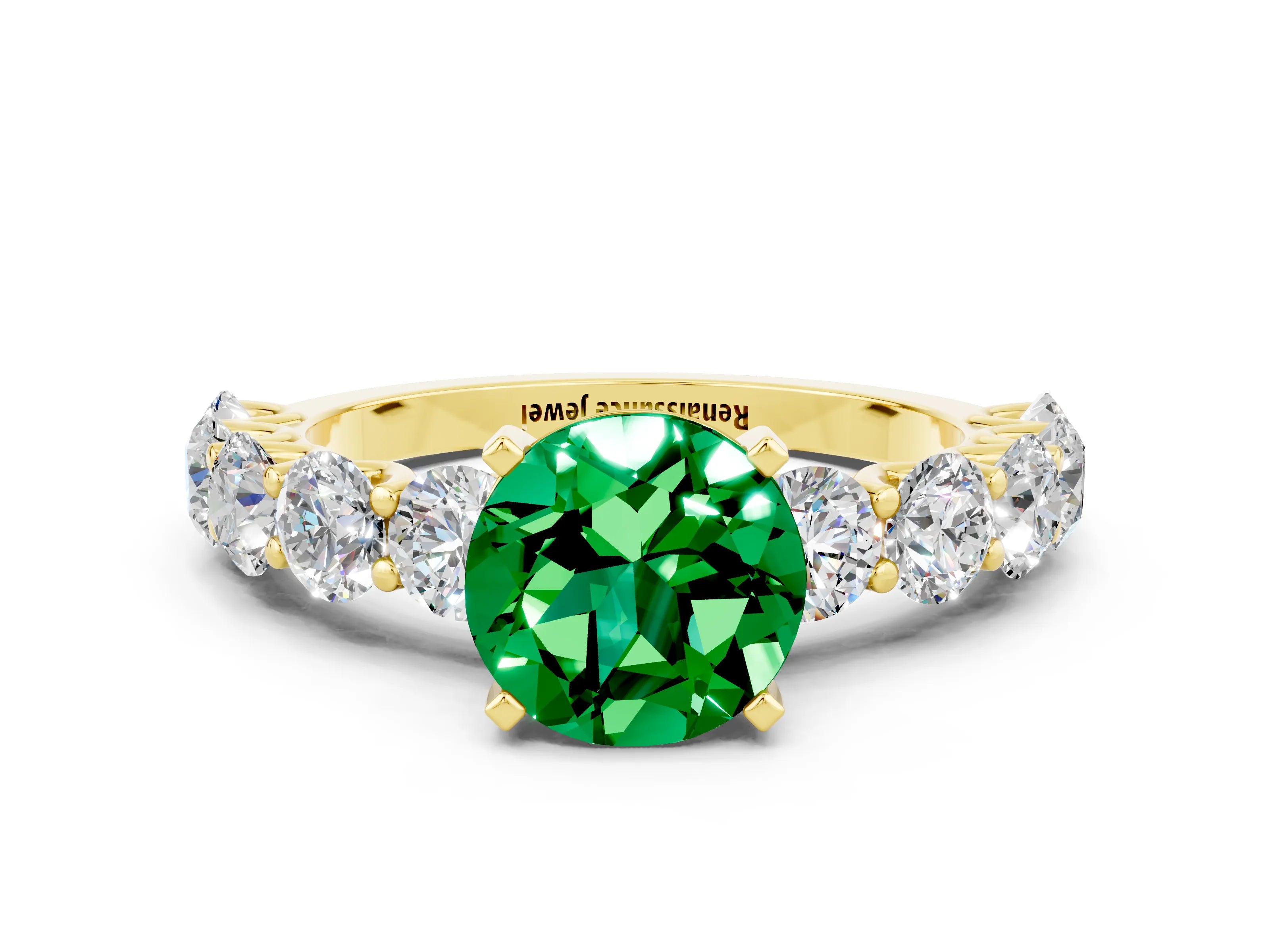 Yellow gold Round Cut Emerald Prong Setting with Side Stones on a Pave Band