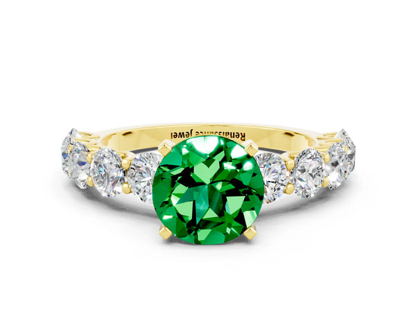Yellow gold Round Cut Emerald Prong Setting with Side Stones on a Pave Band