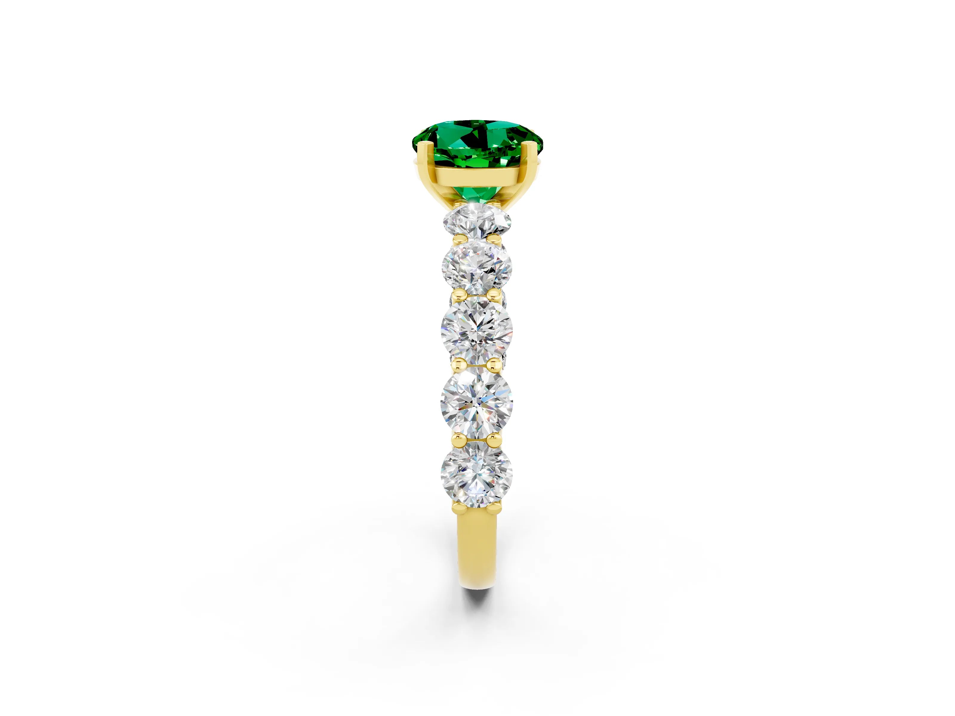 Yellow gold Round Cut Emerald Prong Setting with Side Stones on a Pave Band_2