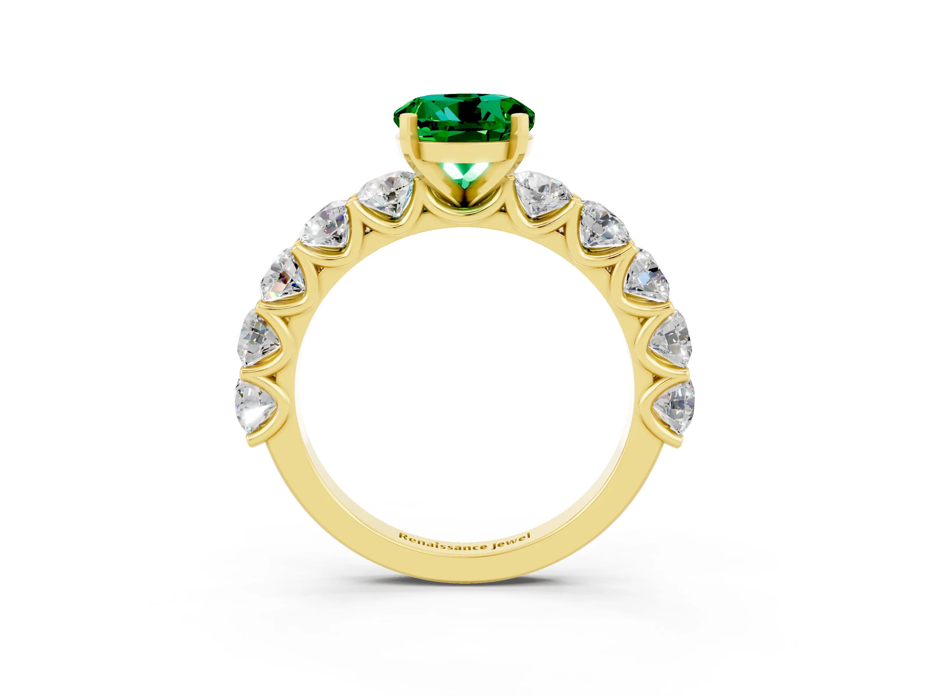 Yellow gold Round Cut Emerald Prong Setting with Side Stones on a Pave Band_3