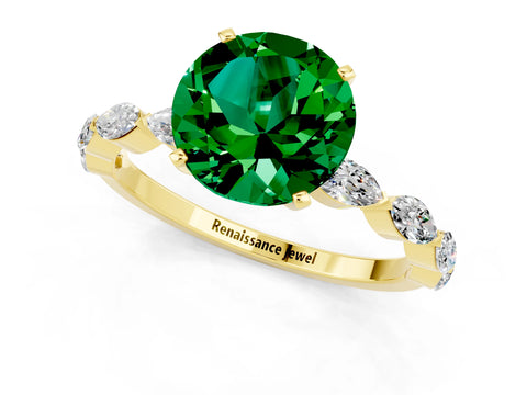 Yellow gold Round Cut Emerald Ring with Marquise Side Stones and Prong Setting_1