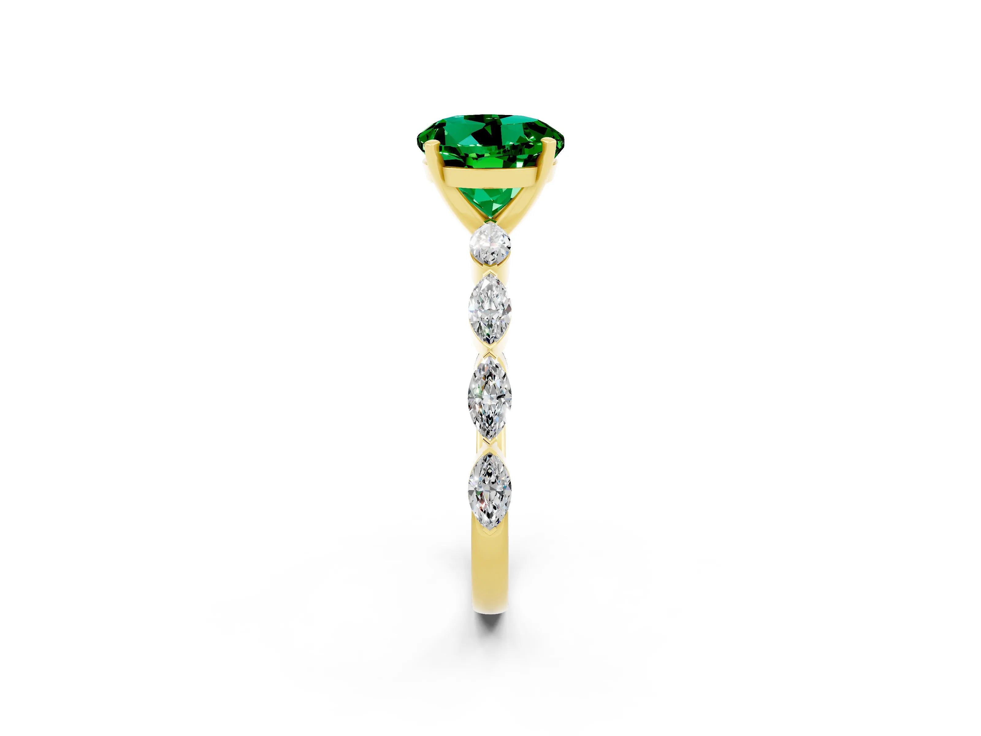 Yellow gold Round Cut Emerald Ring with Marquise Side Stones and Prong Setting_2