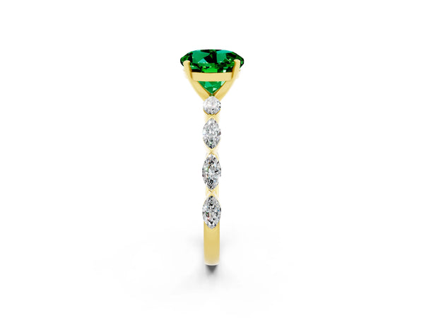 Yellow gold Round Cut Emerald Ring with Marquise Side Stones and Prong Setting