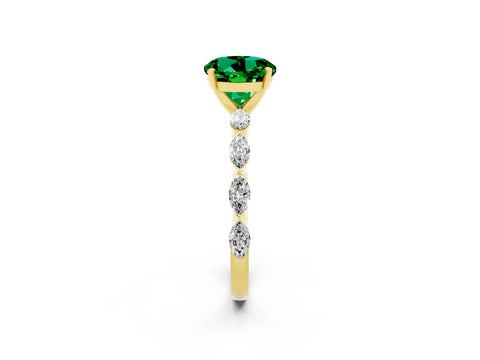 Yellow gold Round Cut Emerald Ring with Marquise Side Stones and Prong Setting_2