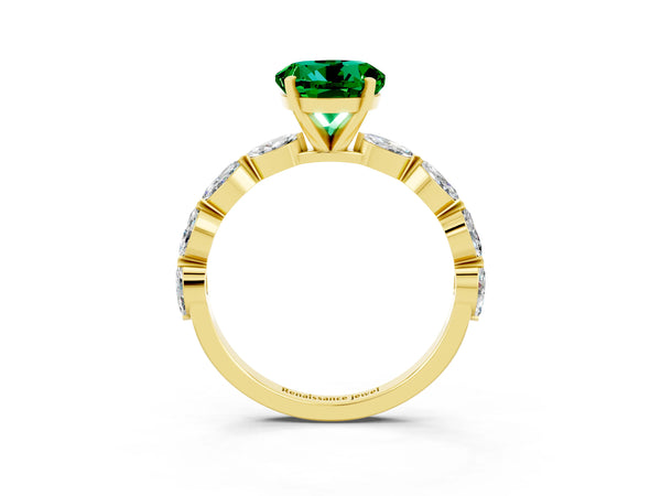 Yellow gold Round Cut Emerald Ring with Marquise Side Stones and Prong Setting