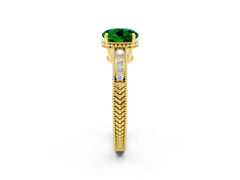 Yellow gold Round Cut Emerald Ring with Milgrain Pavé Band and Four-Prong Setting_14