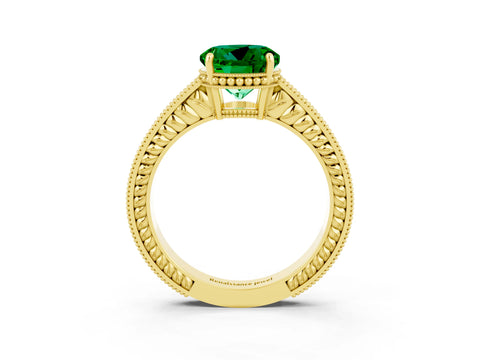 Yellow gold Round Cut Emerald Ring with Milgrain Pavé Band and Four-Prong Setting_15