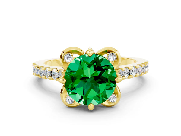 Yellow gold Round Cut Emerald Ring with Pavé Band and Floral Prong Setting
