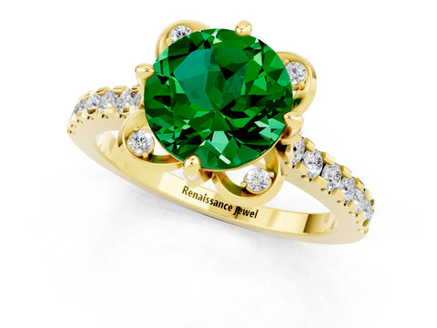 Yellow gold Round Cut Emerald Ring with Pavé Band and Floral Prong Setting_1