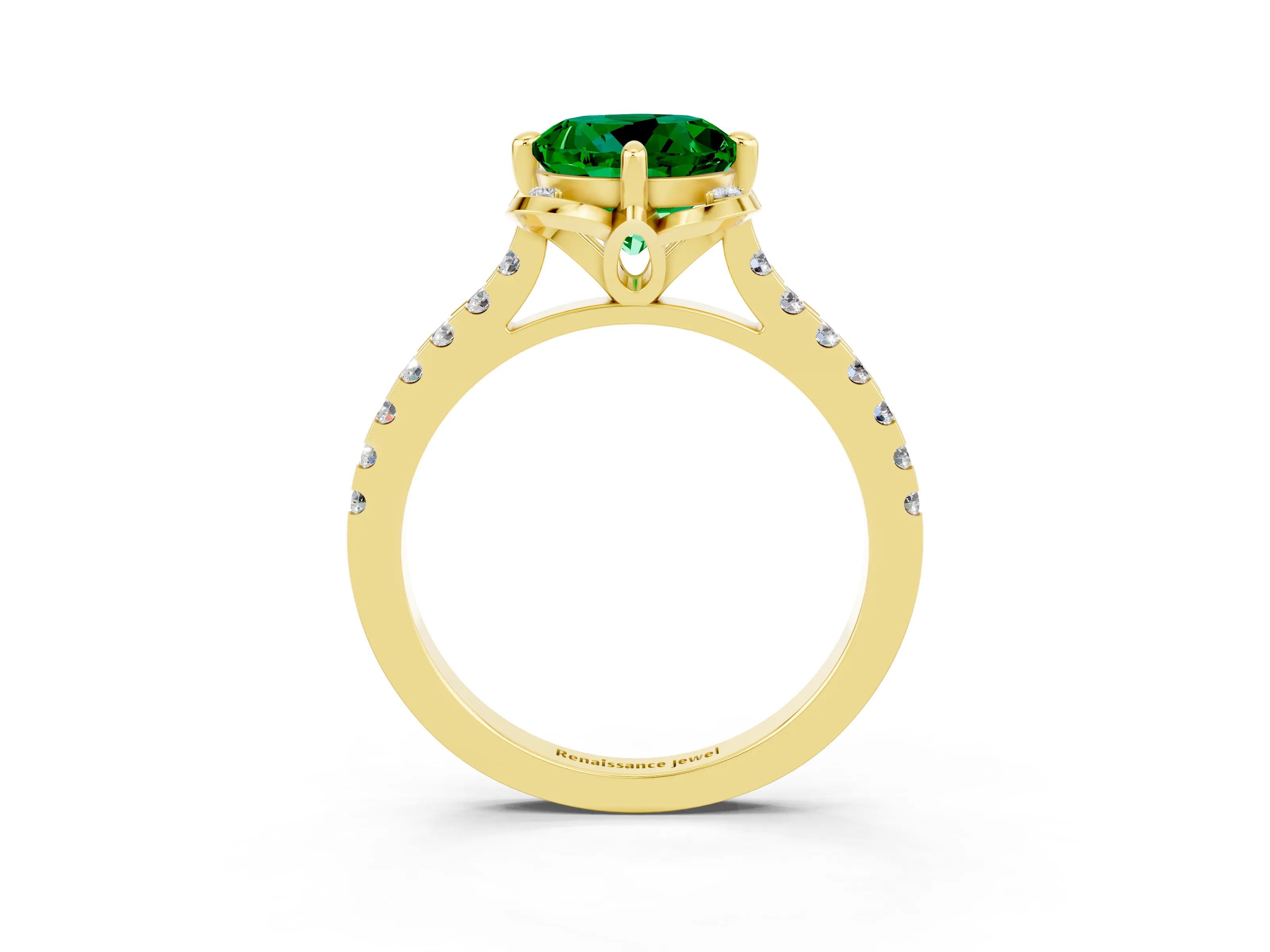 Yellow gold Round Cut Emerald Ring with Pavé Band and Floral Prong Setting_3