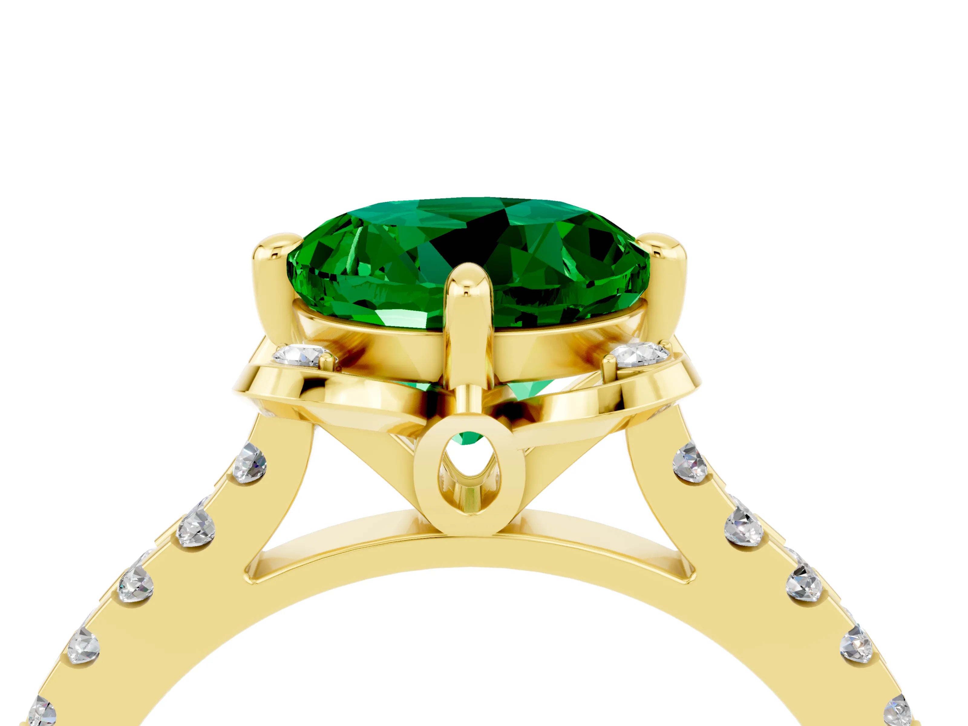Yellow gold Round Cut Emerald Ring with Pavé Band and Floral Prong Setting_4