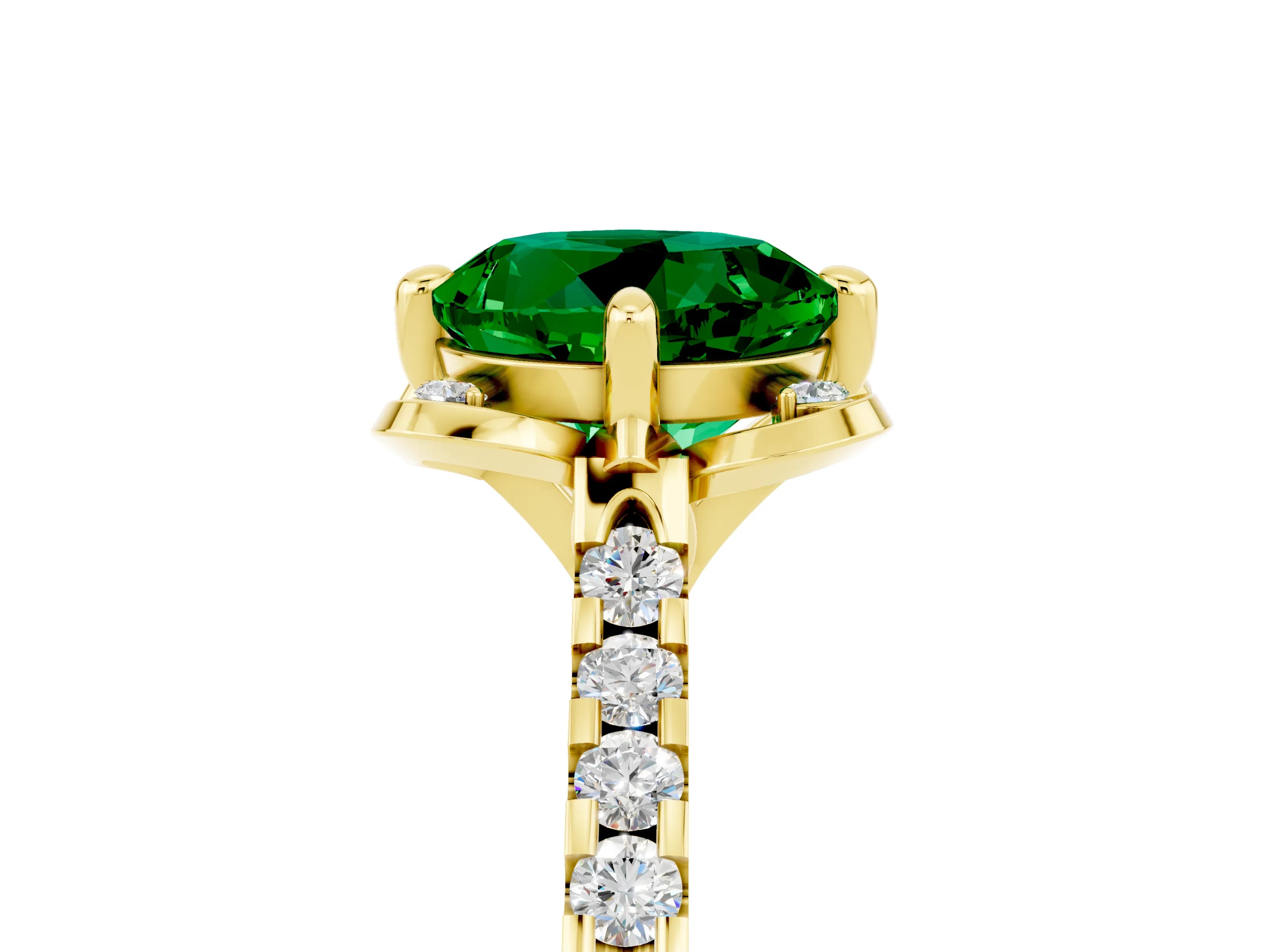 Yellow gold Round Cut Emerald Ring with Pavé Band and Floral Prong Setting_5