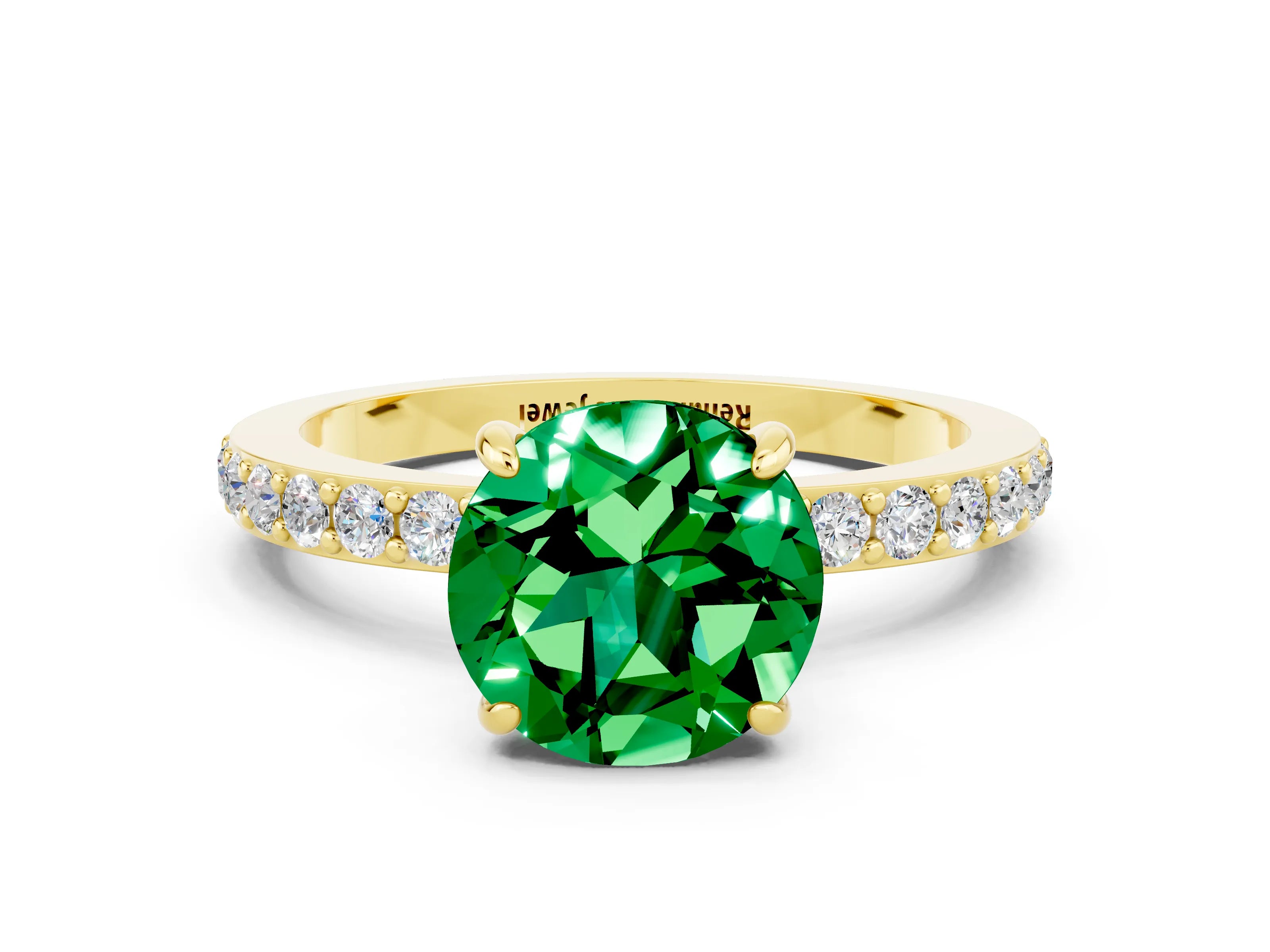 Yellow gold Round Cut Emerald Ring with Pavé Band and Four-Prong Setting