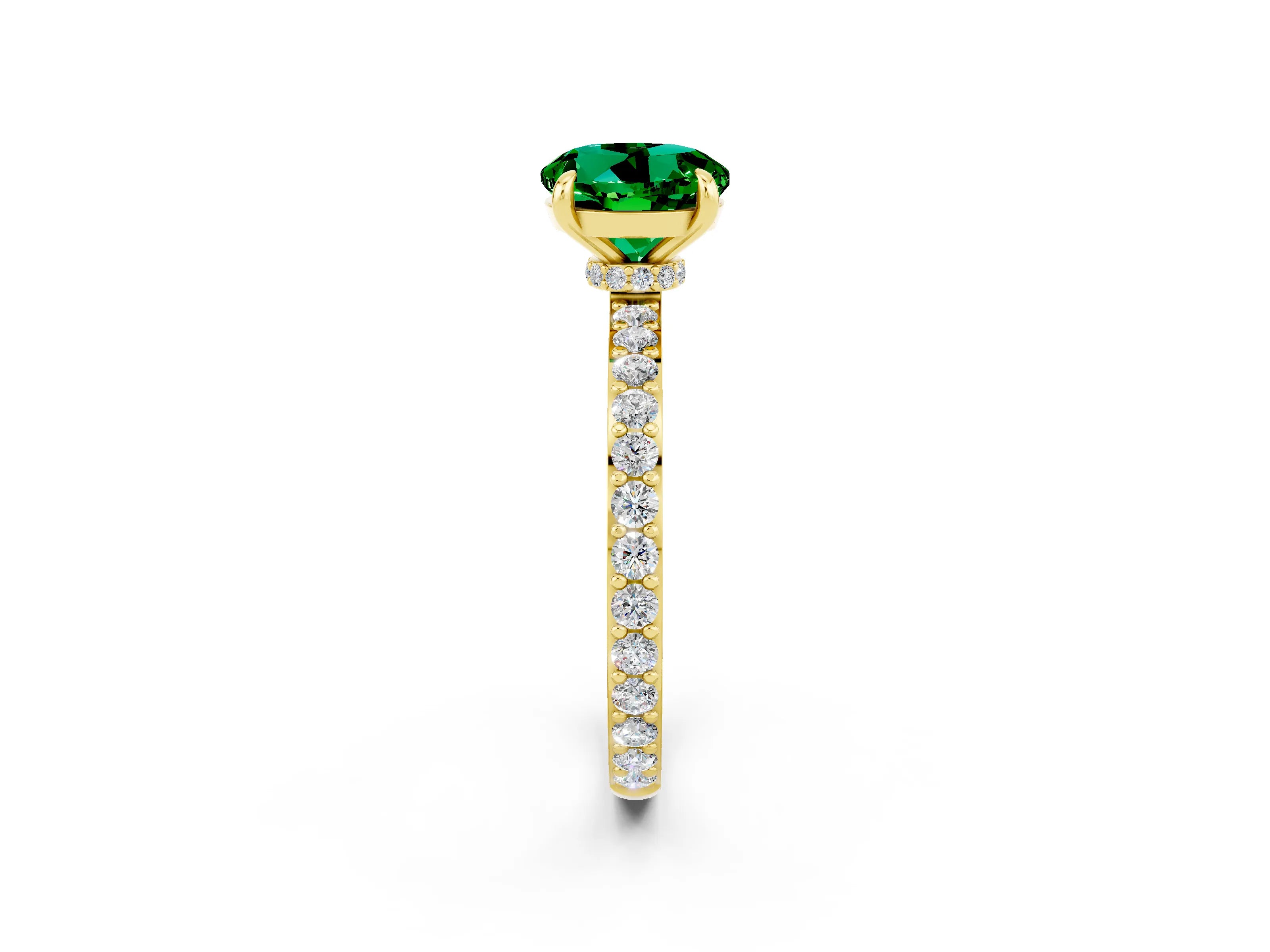 Yellow gold Round Cut Emerald Ring with Pavé Band and Four-Prong Setting_2