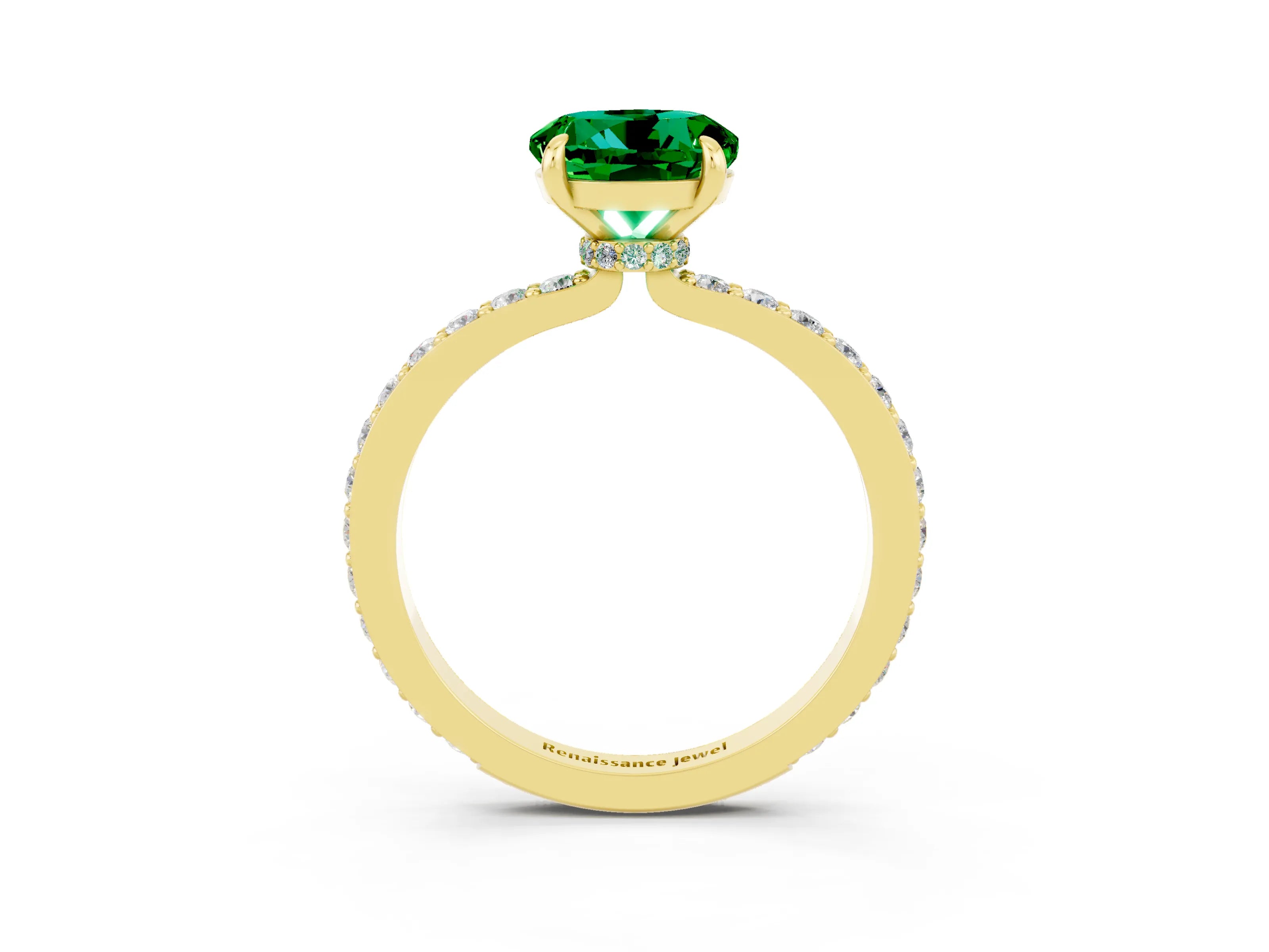 Yellow gold Round Cut Emerald Ring with Pavé Band and Four-Prong Setting_3