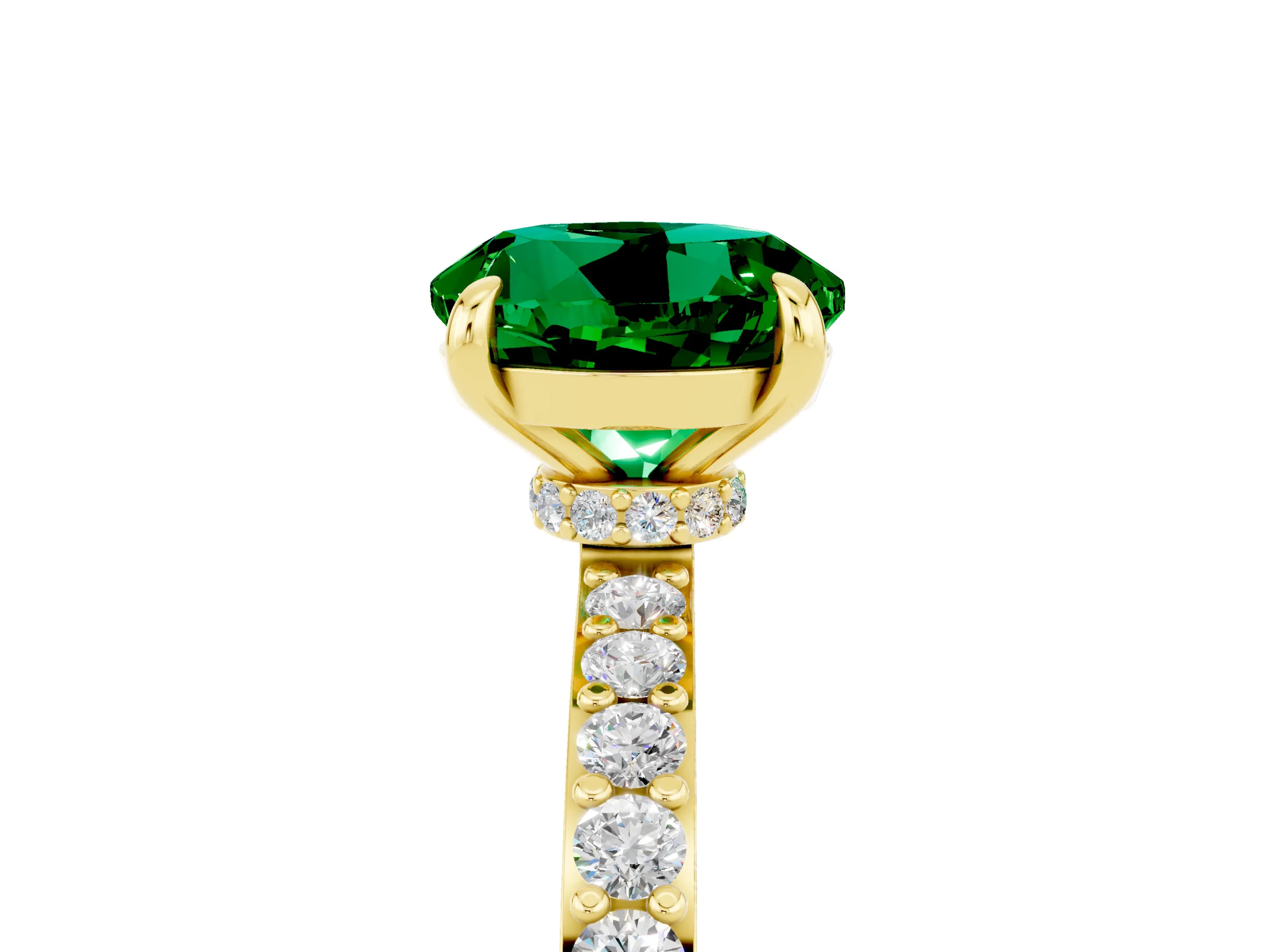 Yellow gold Round Cut Emerald Ring with Pavé Band and Four-Prong Setting_5