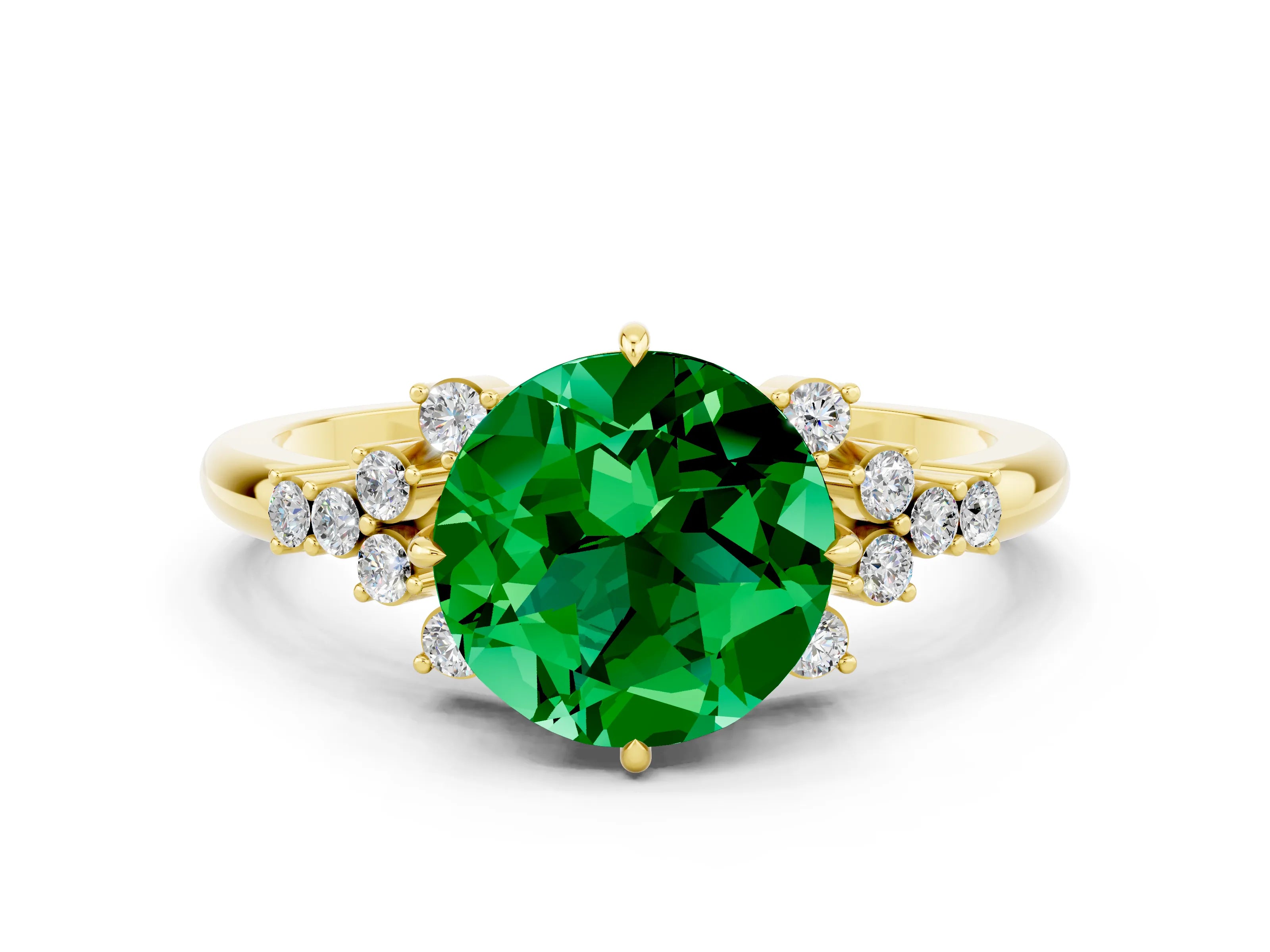 Yellow gold Round Cut Emerald Ring with Side Stones and Four-Prong Setting_36