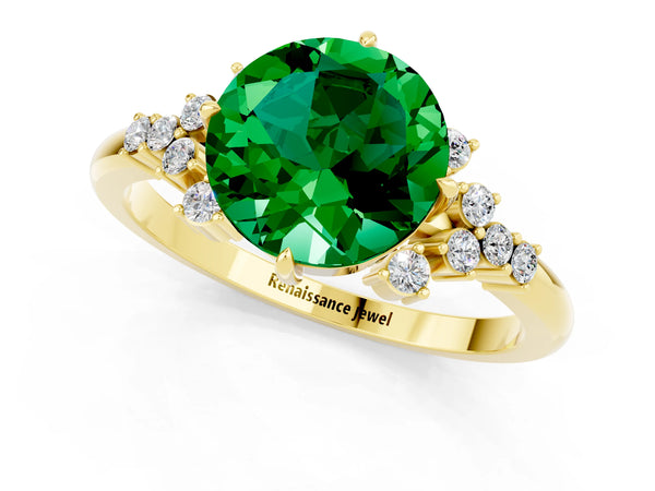 Yellow gold Round Cut Emerald Ring with Side Stones and Four-Prong Setting