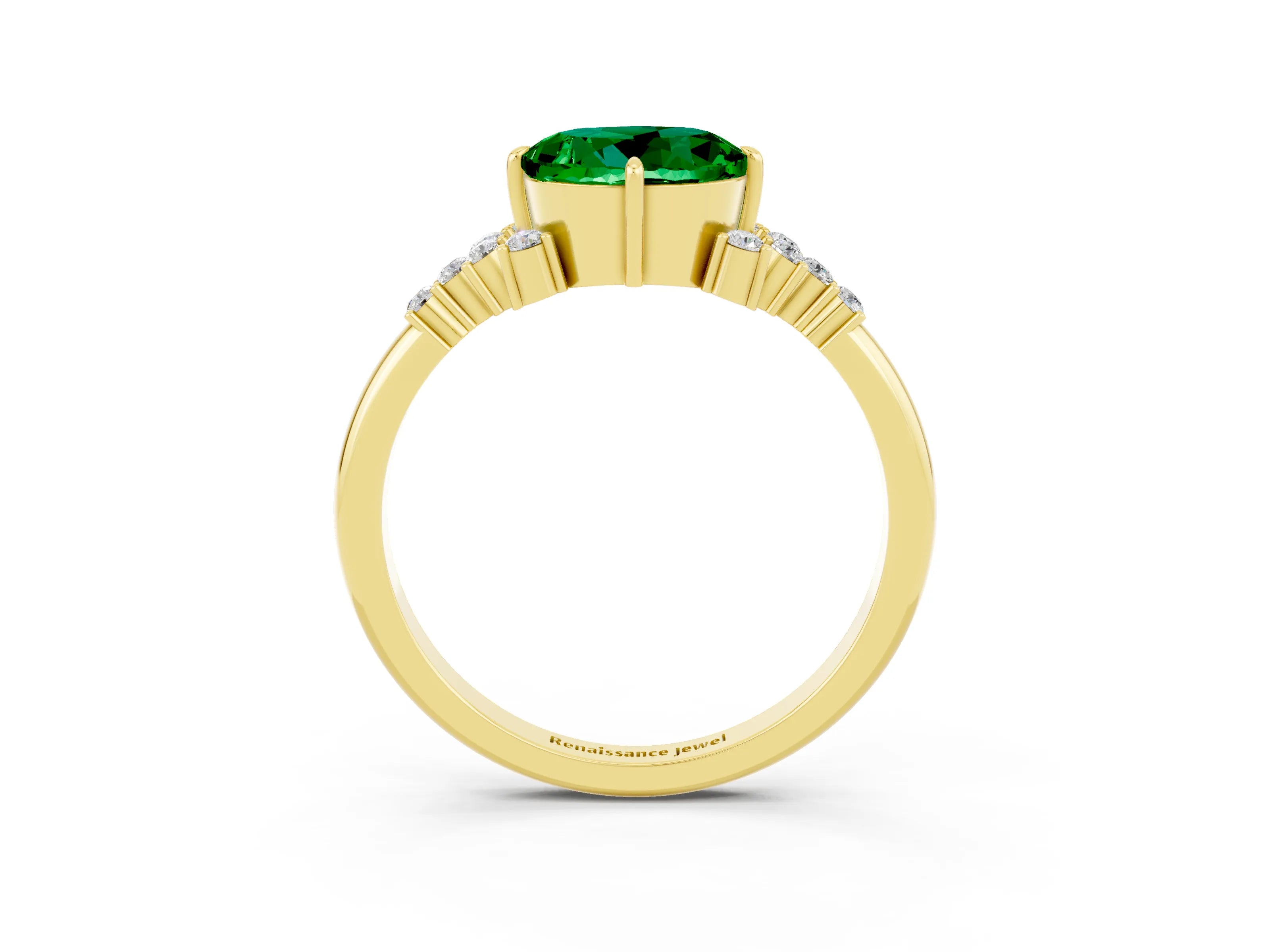 Yellow gold Round Cut Emerald Ring with Side Stones and Four-Prong Setting_39