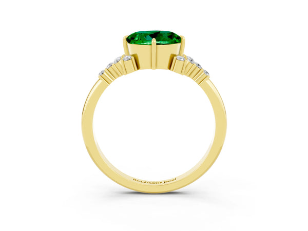 Yellow gold Round Cut Emerald Ring with Side Stones and Four-Prong Setting