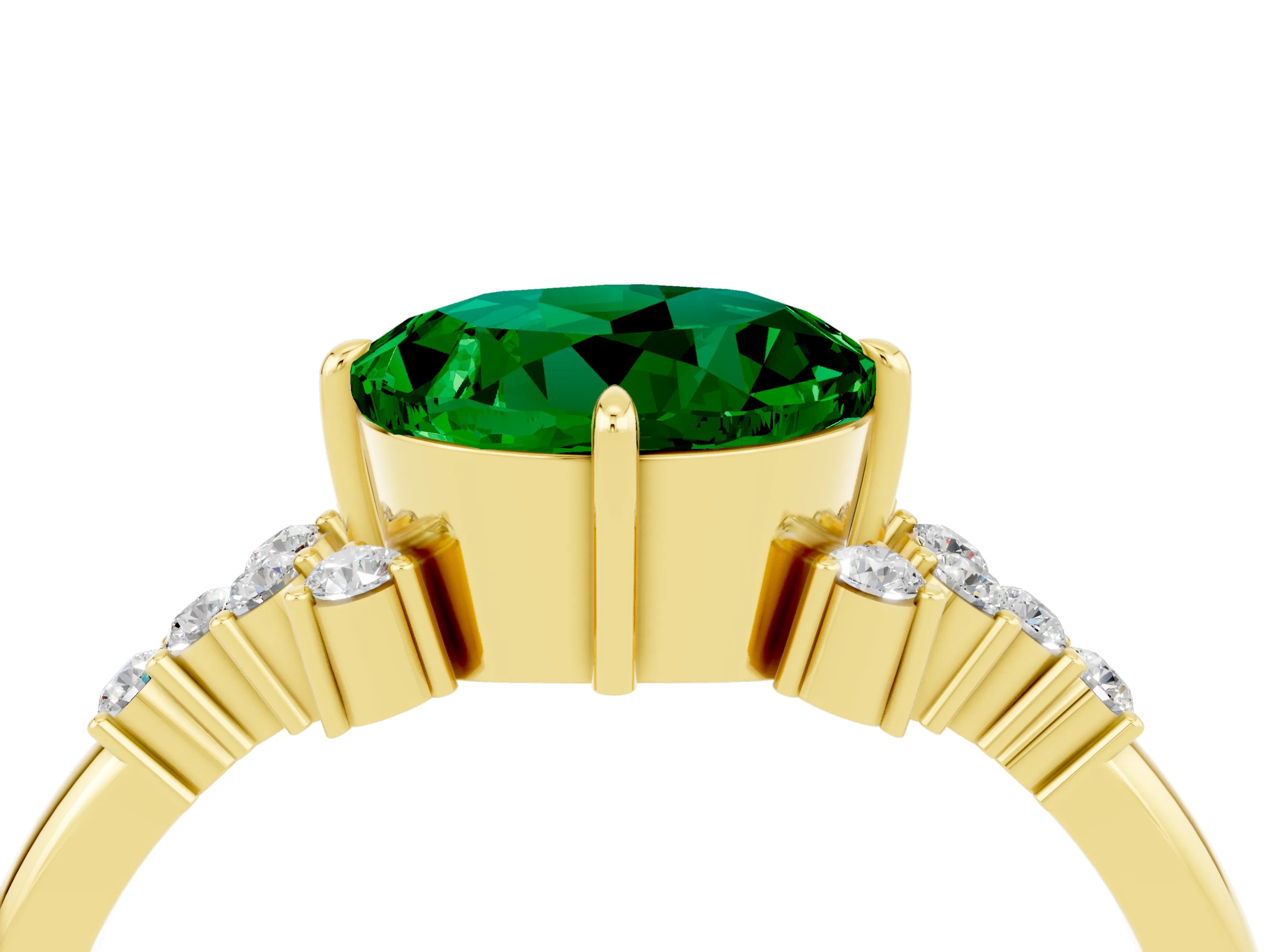 Yellow gold Round Cut Emerald Ring with Side Stones and Four-Prong Setting_40