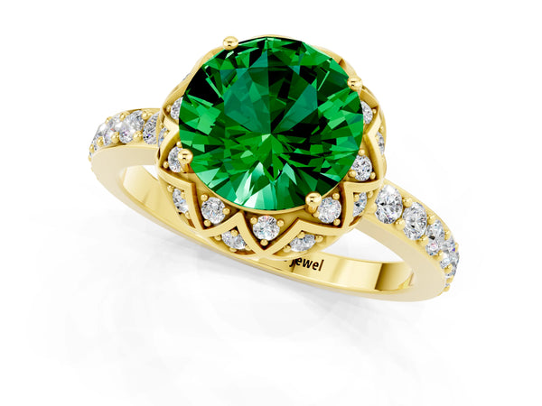 Yellow gold Round Cut Emerald Scalloped Halo Engagement Ring with Round Shared Prong Band