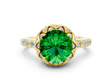 Yellow gold Round Cut Emerald Scalloped Halo Engagement Ring with Round Shared Prong Band_24