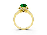 Yellow gold Round Cut Emerald Scalloped Halo Engagement Ring with Round Shared Prong Band_27