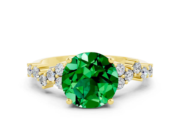 Yellow gold Round Cut Emerald Scattered Round Accent Ring with Prong Setting