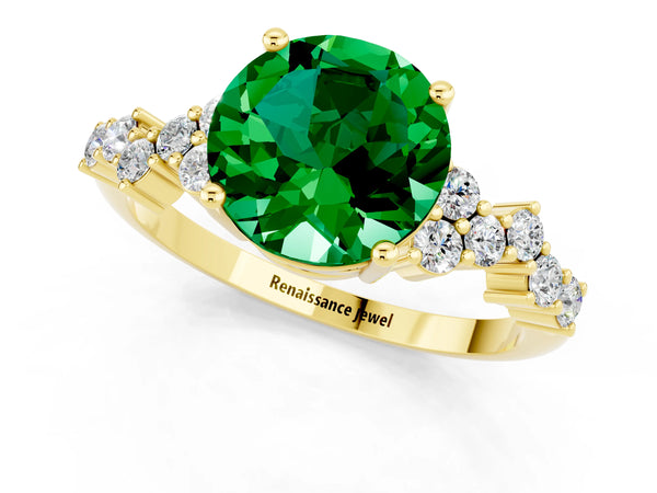 Yellow gold Round Cut Emerald Scattered Round Accent Ring with Prong Setting