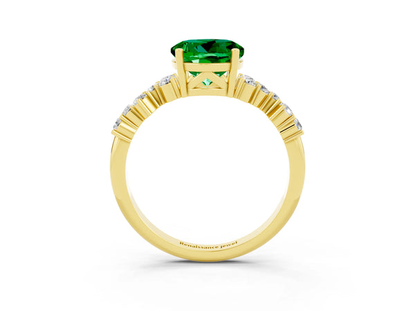 Yellow gold Round Cut Emerald Scattered Round Accent Ring with Prong Setting