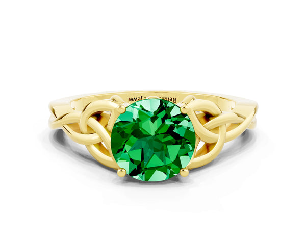 Yellow gold Round Cut Emerald Solitaire Celtic Knot Ring with Four-Prong Setting