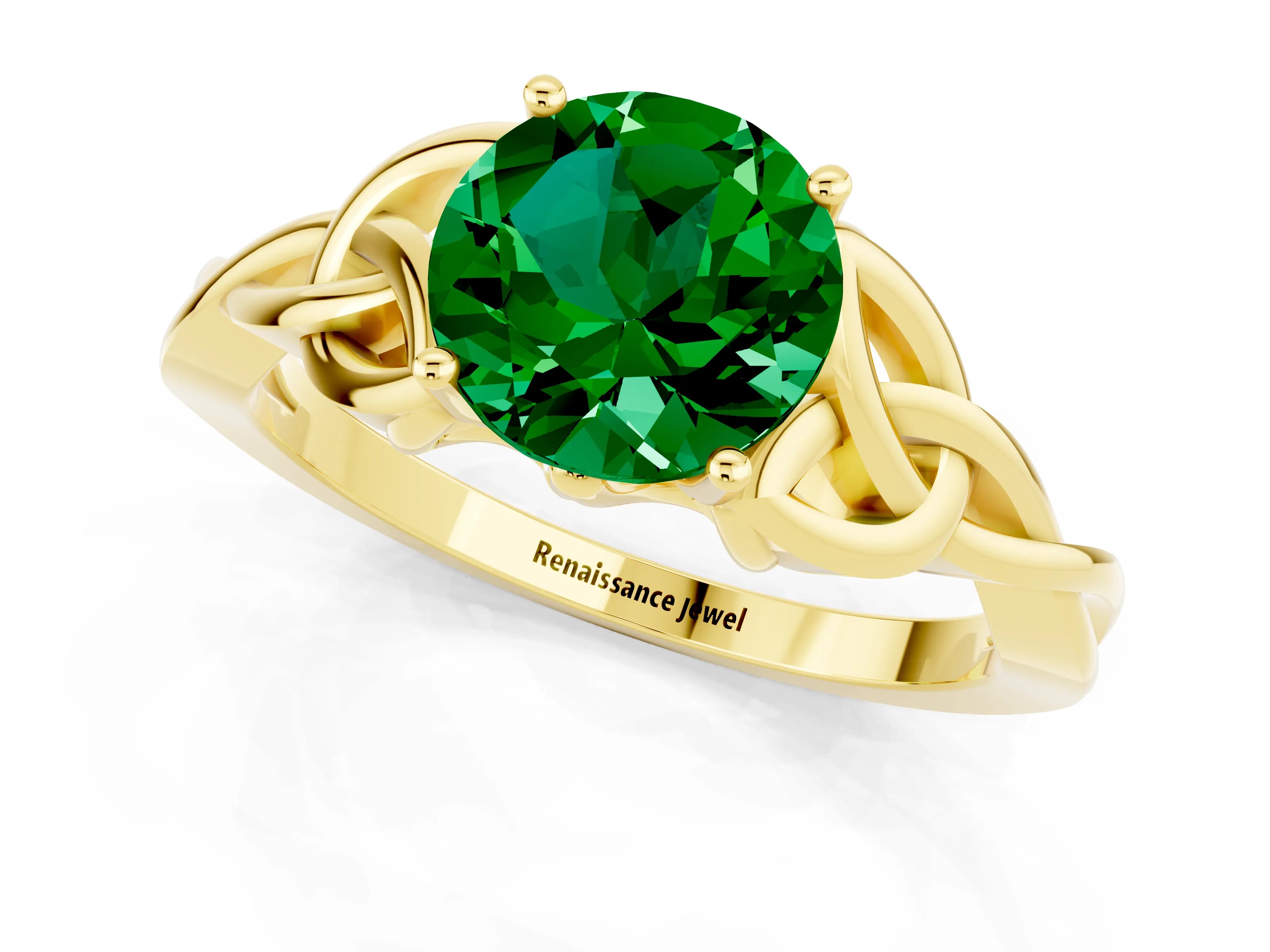 Yellow gold Round Cut Emerald Solitaire Celtic Knot Ring with Four-Prong Setting_13