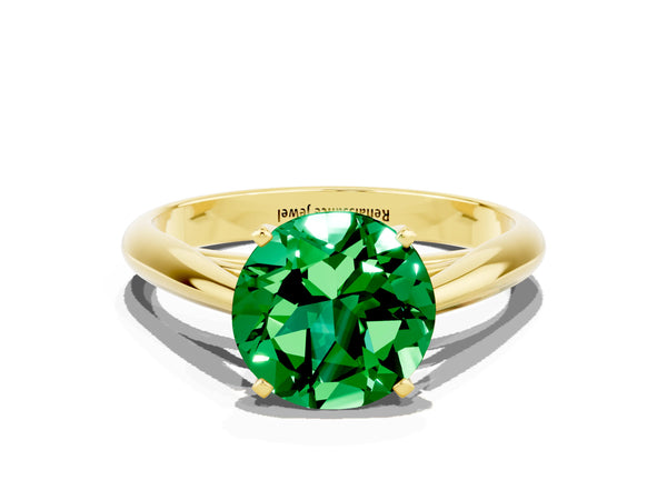 Yellow gold Round Cut Emerald Solitaire Engagement Ring with Cathedral Setting and Four-Prong Mount