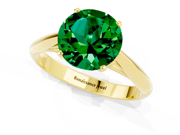 Yellow gold Round Cut Emerald Solitaire Engagement Ring with Cathedral Setting and Four-Prong Mount