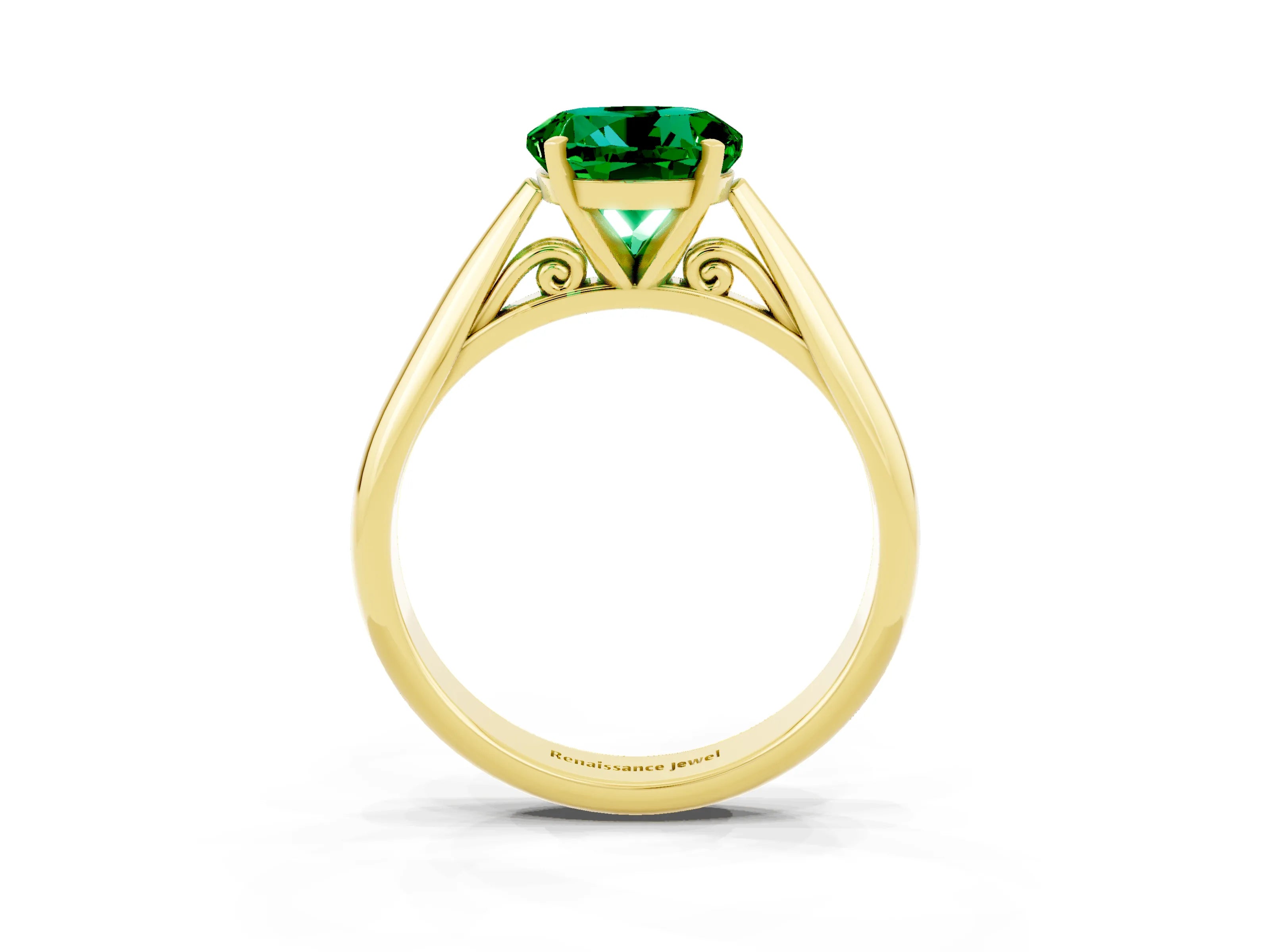 Yellow gold Round Cut Emerald Solitaire Engagement Ring with Cathedral Setting and Four-Prong Mount_15