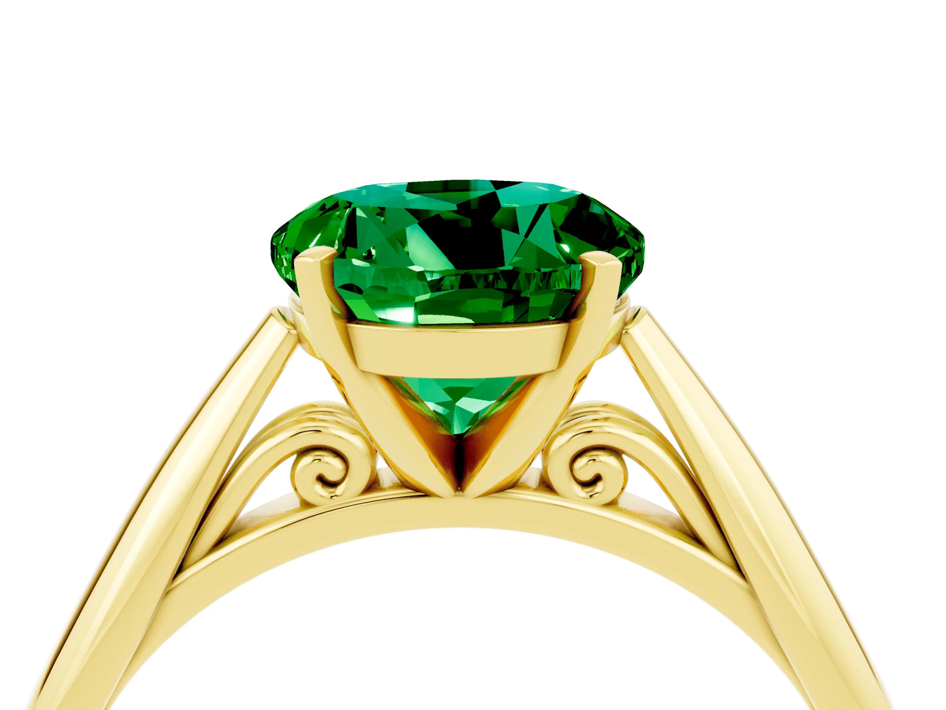 Yellow gold Round Cut Emerald Solitaire Engagement Ring with Cathedral Setting and Four-Prong Mount_16