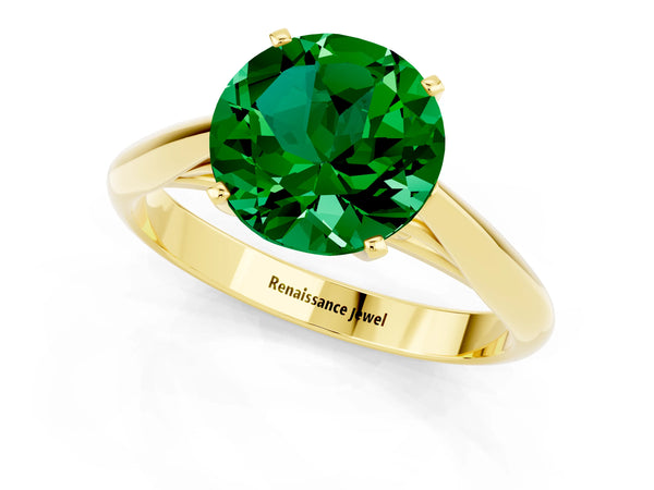 Yellow gold Round Cut Emerald Solitaire Engagement Ring with Cathedral Setting and Four-Prong Mount