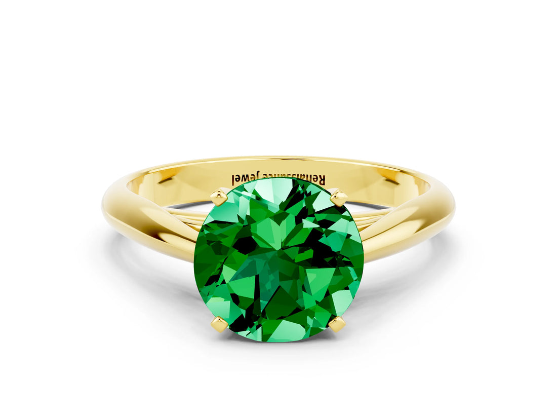 Yellow gold Round Cut Emerald Solitaire Engagement Ring with Cathedral Setting and Four-Prong Mount_66