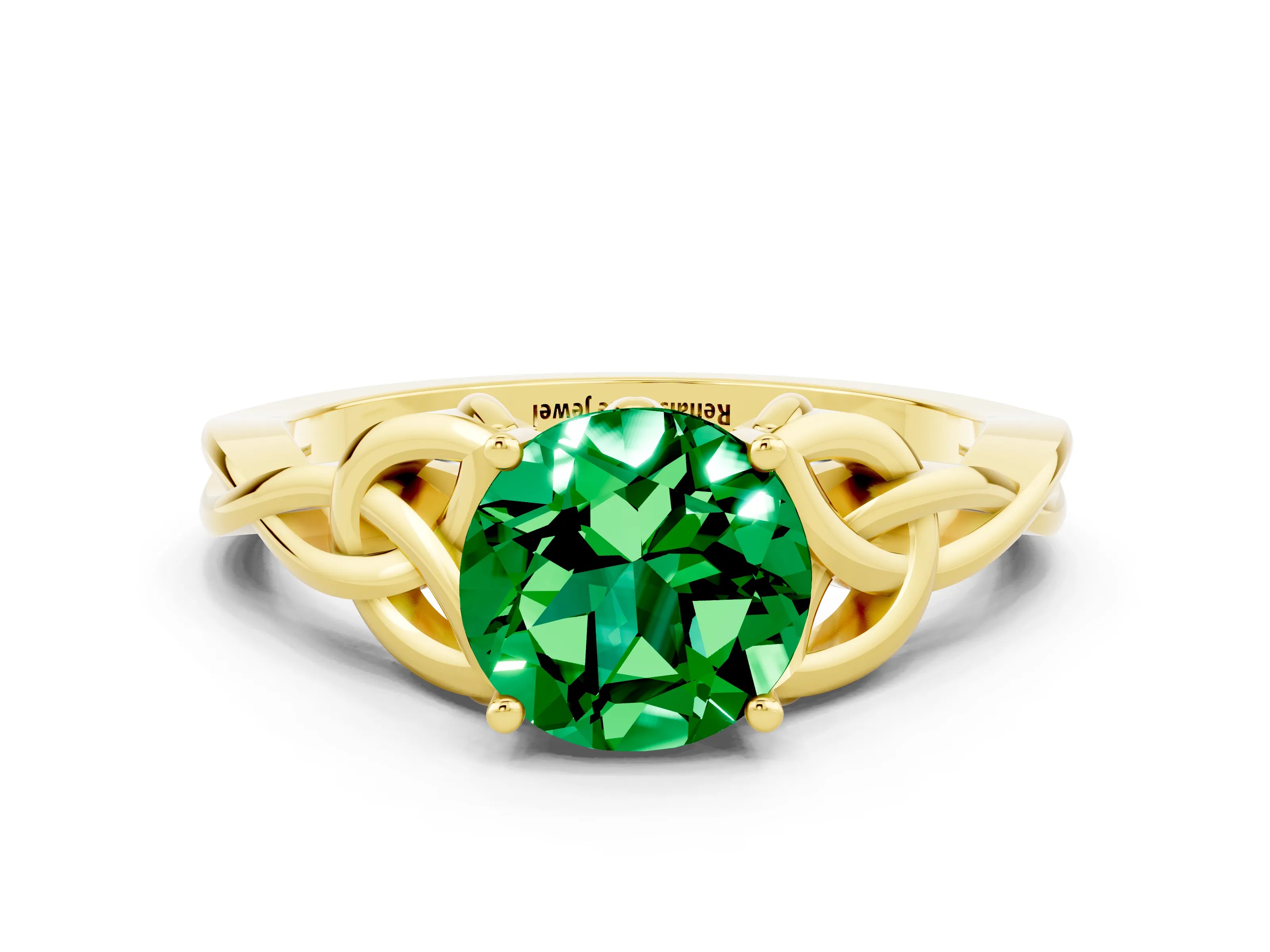 Yellow gold Round Cut Emerald Solitaire Engagement Ring with Celtic Knot Band and Four-Prong Setting