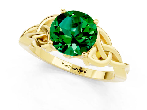 Yellow gold Round Cut Emerald Solitaire Engagement Ring with Celtic Knot Band and Four-Prong Setting_1