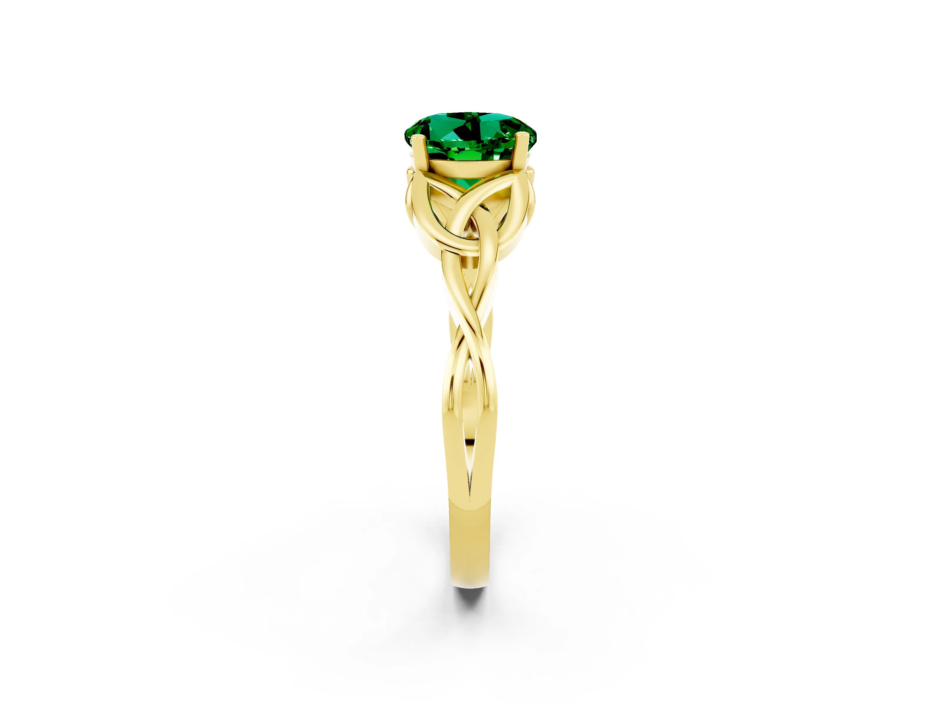 Yellow gold Round Cut Emerald Solitaire Engagement Ring with Celtic Knot Band and Four-Prong Setting_2