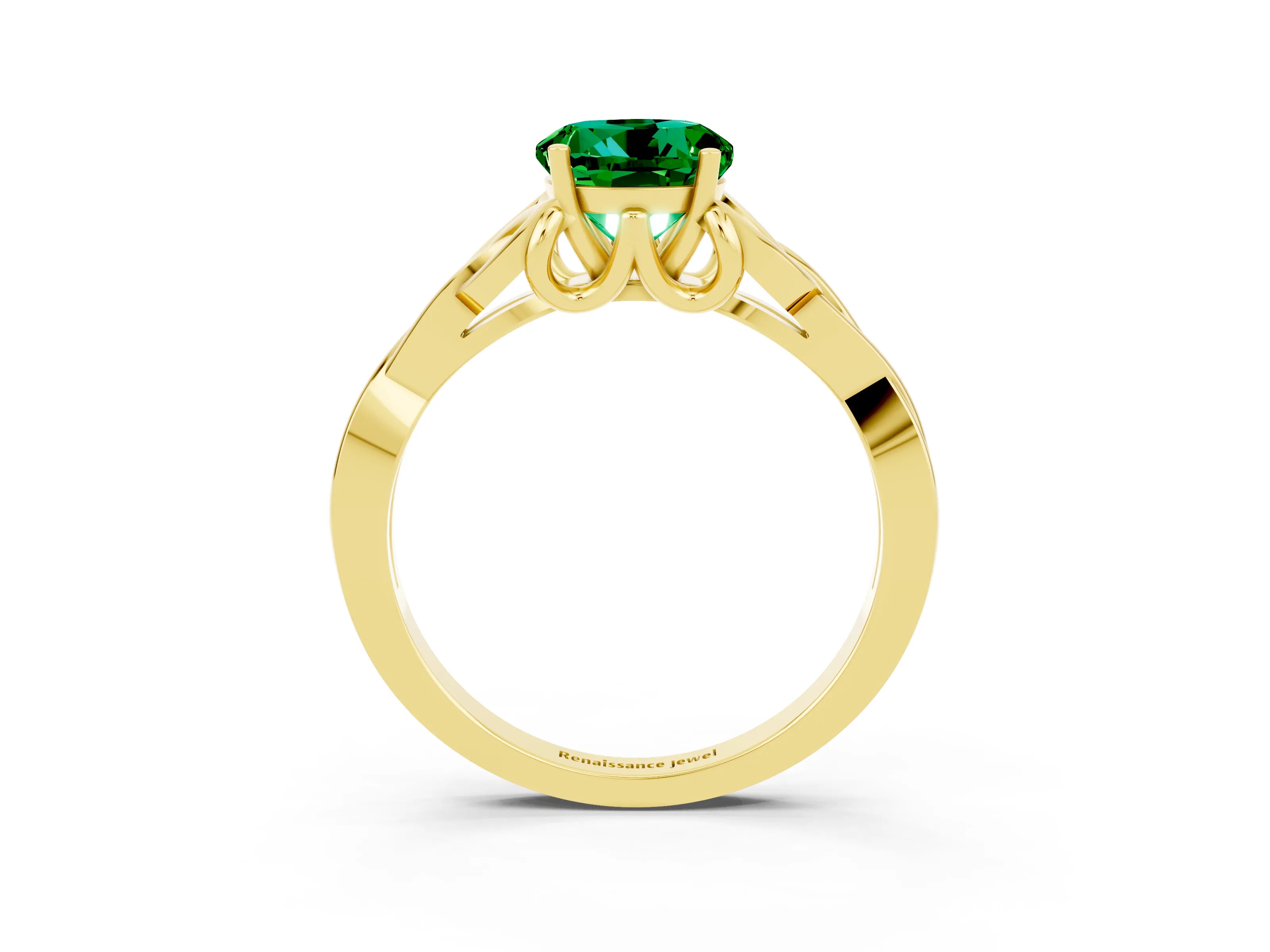 Yellow gold Round Cut Emerald Solitaire Engagement Ring with Celtic Knot Band and Four-Prong Setting_3