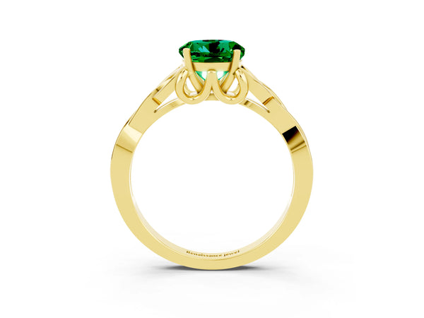 Yellow gold Round Cut Emerald Solitaire Engagement Ring with Celtic Knot Band and Four-Prong Setting