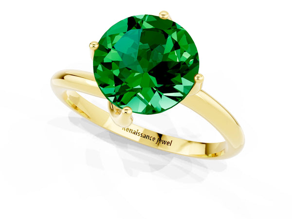 Yellow gold Round Cut Emerald Solitaire Engagement Ring with Four-Prong Setting and Classic Band
