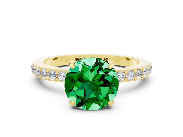 Yellow gold Round Cut Emerald Solitaire Engagement Ring with Pavé Band and Four-Prong Setting