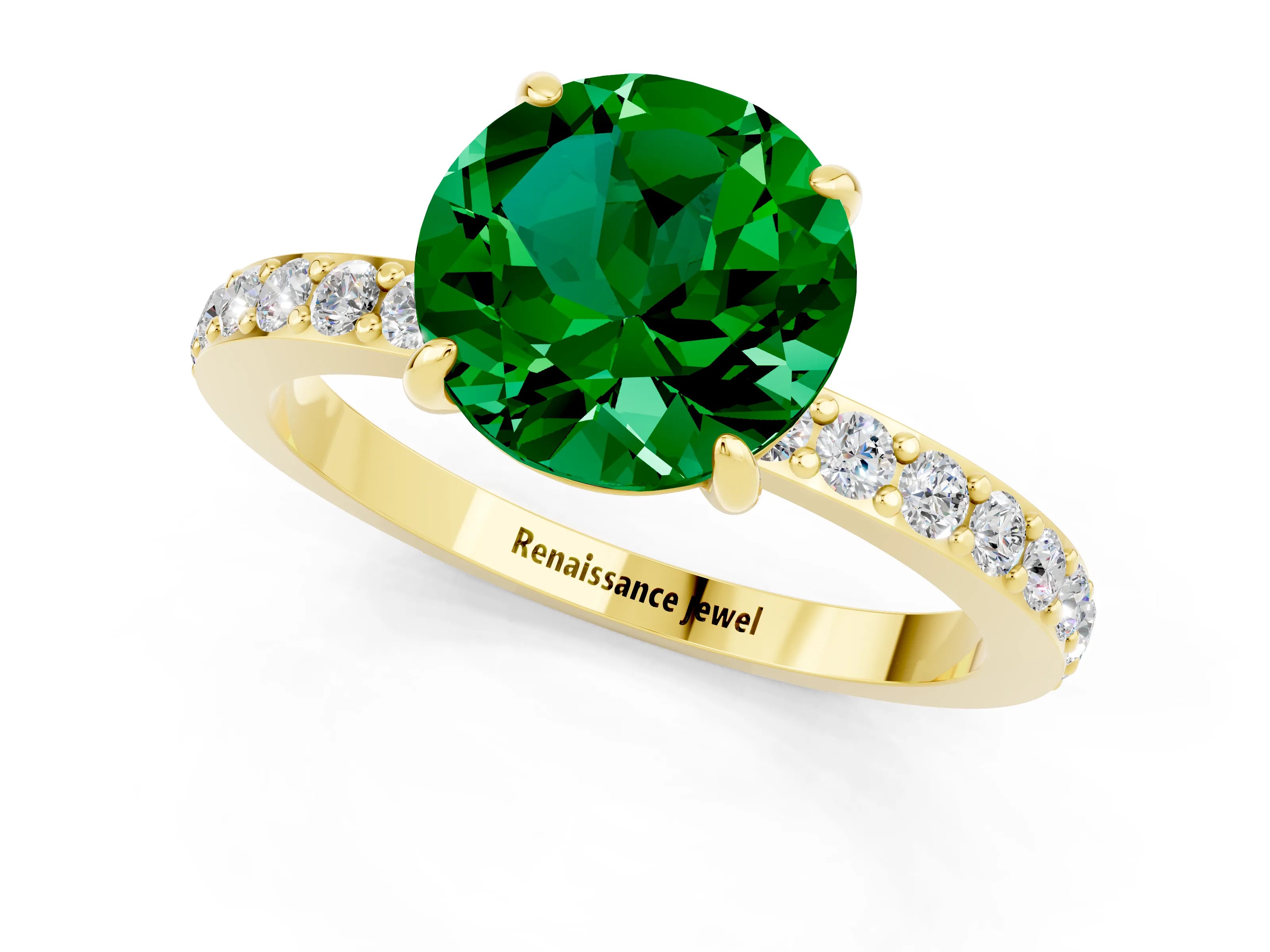 Yellow gold Round Cut Emerald Solitaire Engagement Ring with Pavé Band and Four-Prong Setting_1