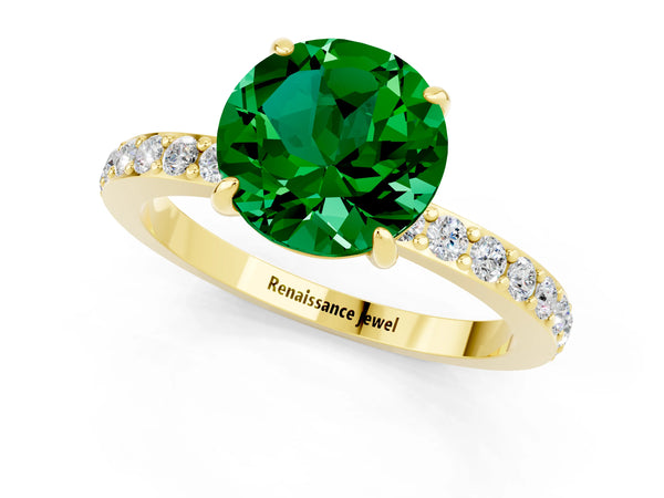 Yellow gold Round Cut Emerald Solitaire Engagement Ring with Pavé Band and Four-Prong Setting