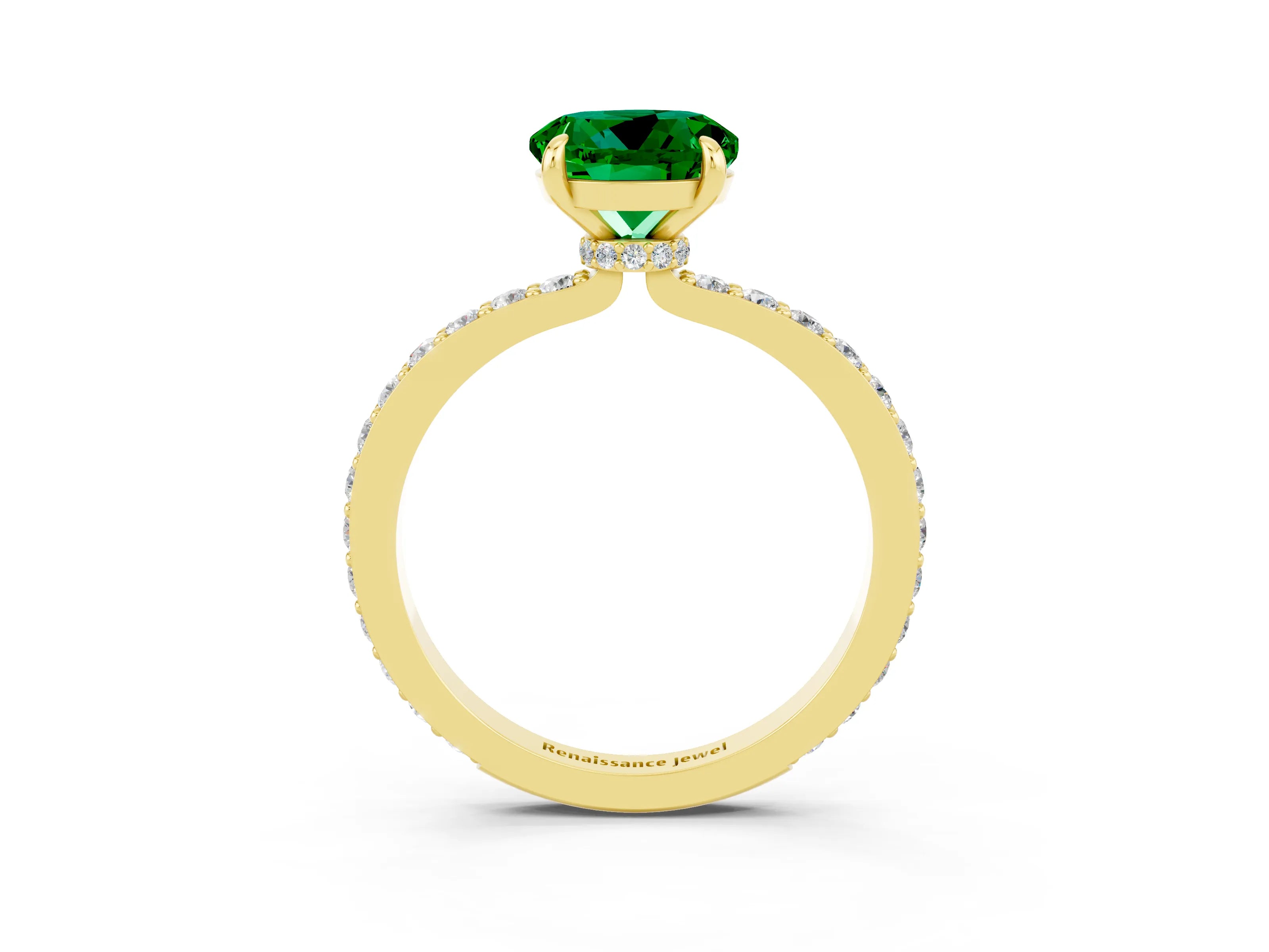 Yellow gold Round Cut Emerald Solitaire Engagement Ring with Pavé Band and Four-Prong Setting_3