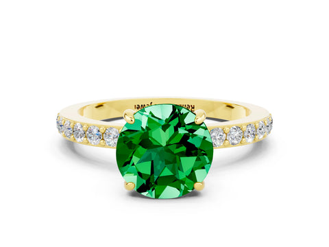 Yellow gold Round Cut Emerald Solitaire Engagement Ring with Pavé Band and Four-Prong Setting